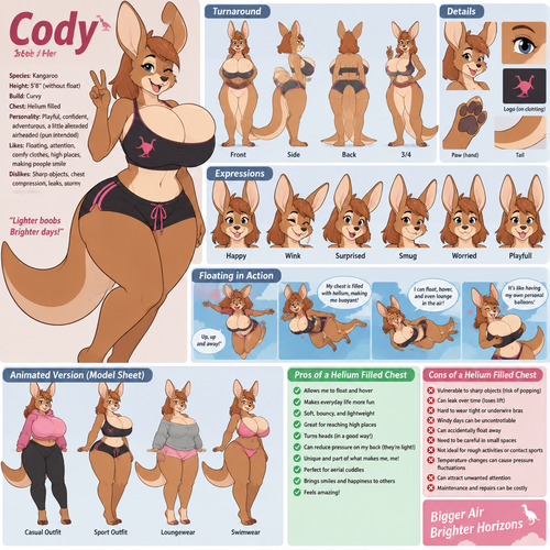 A curvy female anthropomorphic kangaroo named Cody that has a helium filled chest, can float with her chest, animated version, reference sheet, tells the pros and cons of helium filled chest 