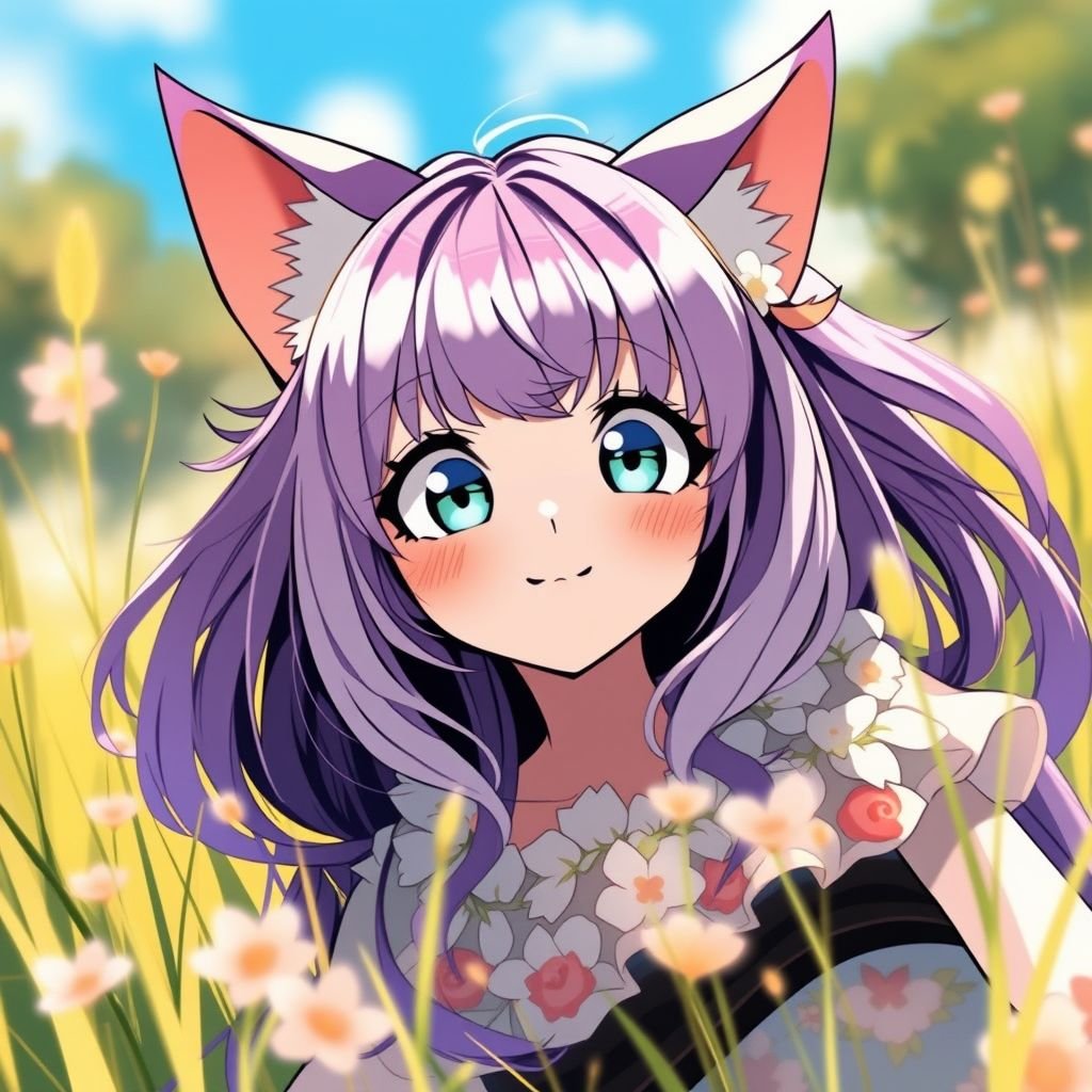 Anime teen girl with purple hair laying in the grass while the sun is shining on here she has beautiful eyes cat girl