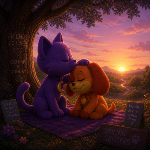 In a smiling critters verse, Catnap forgives DogDay and gives a chu in a forehead, Escape the void of darkness, sits down on a blanket by the tree, and at the dawn shown.