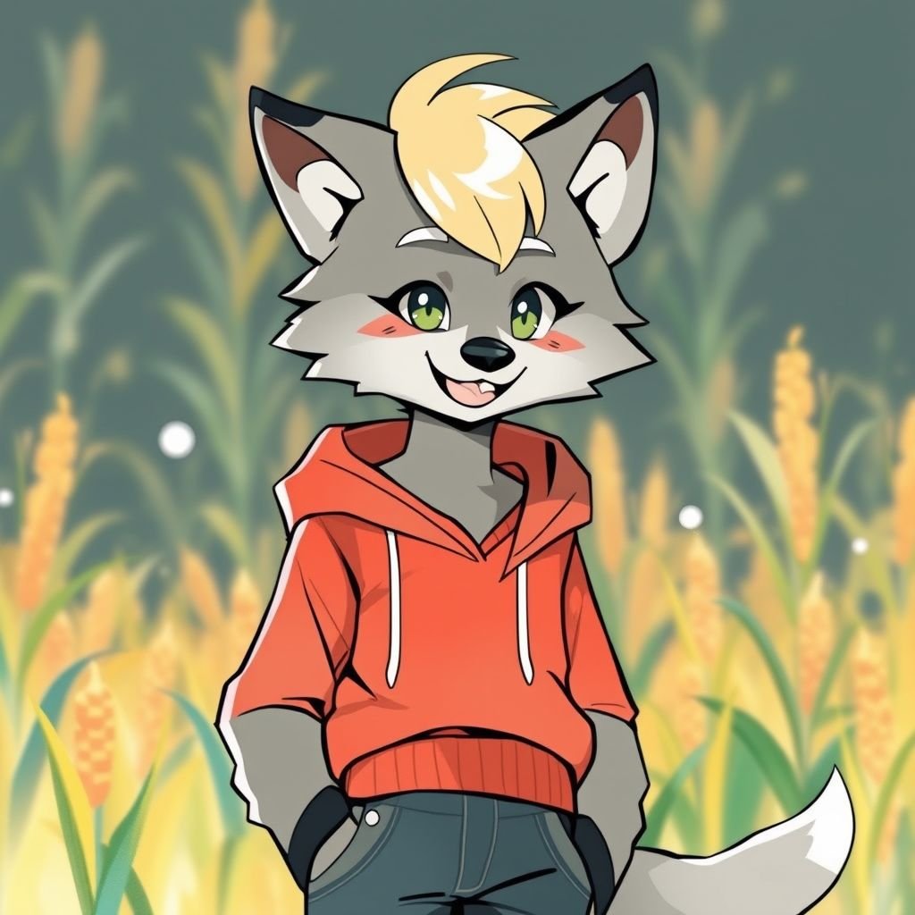 A gray furry wolf, wearing a red hoodie and jeans, short blonde hair, and smiling, with a cornfield in the background