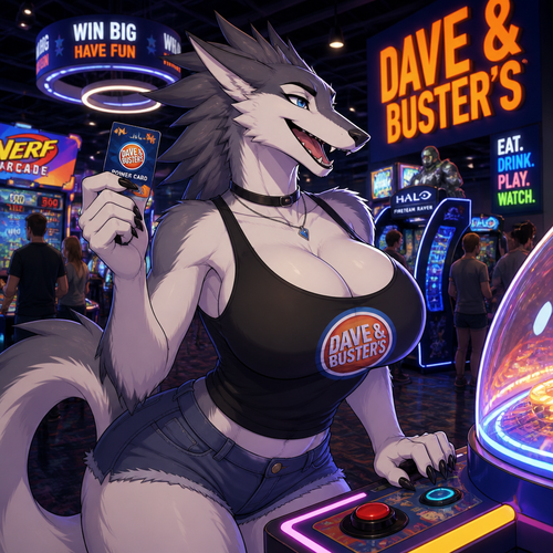 A well-made busty female adult Sergal is inside the Dave’s and Busters arcade in a mall, and having a good time. Animated version.