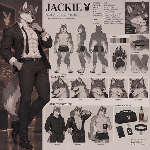 Playboy anthropomorphic wolf named Jackie, reference sheet, one big piece