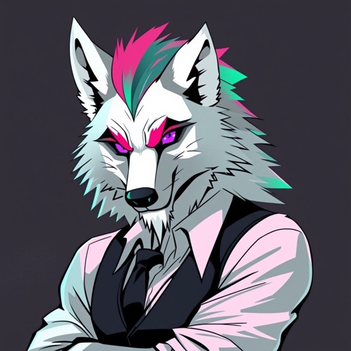 Handsome anthropomorphic wolf in a black vest, white dress shirt, violet eyes, white fur, and a pink and green mohawk.
