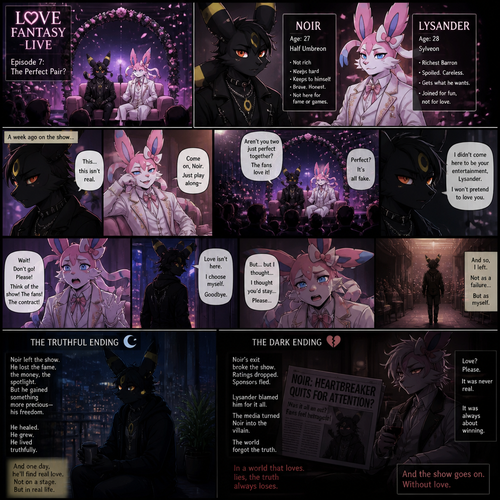 In a well-made anthro Pokemon universe, an non-rich grown brave male half gothic Umbreon named Noir refuses to accept the sham date with a grown richest male Sylveon (the spoiled careless Barron named Lysander) on a live dating fantasy show (in modern life) a week ago and then decided to leave while being begged not to go because love isn’t here. A well-made animated version. A sad but a good truthful ending and the dark ending of a show. A comic. 
