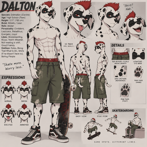 A high school aged male Dalmatian with a mask like spot over both eyes wearing loose green khaki shorts with red boxers being seen above the waistline of the shorts, shirtless showing off a 16 pack of abs, and a short red mohawk. He is a skateboarder that doesn’t like wearing a shirt if he doesn’t have to. Anime art style, reference sheet.
