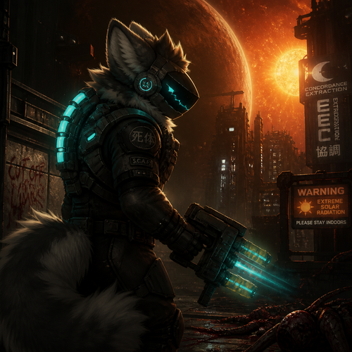 A thick fluffy Protogen in Dead Space 2 with a plasma cutter for self defense and fighting for survival in a city in space, close to the planet and near the sun. 