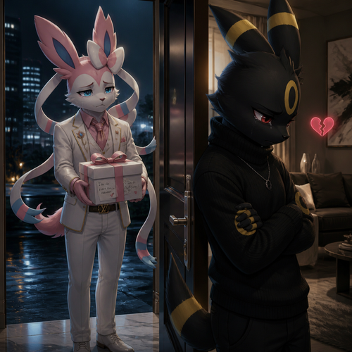 A sad rich male Sylveon, who came to see and offering a gift with a bow on it for apology, Still loves his male Umbreon that wears black sweater standing on a front door inside of his modern house feeling very unhappy and hurt to see and still has a broken heart. In the anthropomorphic universe (well-made).