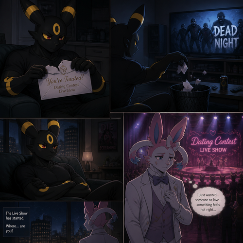 In a anthro Pokemon universe. A grown non-rich Umbreon male who lives in a apartment alone who’s ripped the envelope that says; your invited to dating contest live show (Much like on a date challenge); from the grown wealthy Sylveon male (the Barron) and then put it on a trash while continues to watch a zombie horror movie on television, while the Barron just wanted a boyfriend and to love while feeling something is not right and didn’t shown while the live show starts (sadly or is) for where is. A well-made animated modern life version.