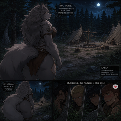 A well-made adult female character, a harmless Werewolf beta from a tribe. Anime version. In the wilderness. Sees nothing in the camp (while 3 men hiding and one likes what see) and curious. Big and fluffy. Side and Backshot view.