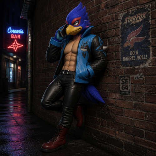 Falco Lombardi wearing a Lucario style leather jacket and no shirt, tight black leather pants and red combat boots. He is leaning against a brick wall talking with someone on his cellphone.