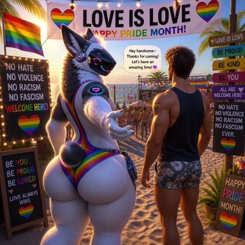 A well-made homosexual fluffy gay Protogen adult male character that wears a swimsuit and has thick thighs and a big round buttocks also has a short tail who’s invited a man into a party at the beach and has both nice views where love is love in pride month and there’s no hate and violence including racism allowed and fascism is not welcomed.