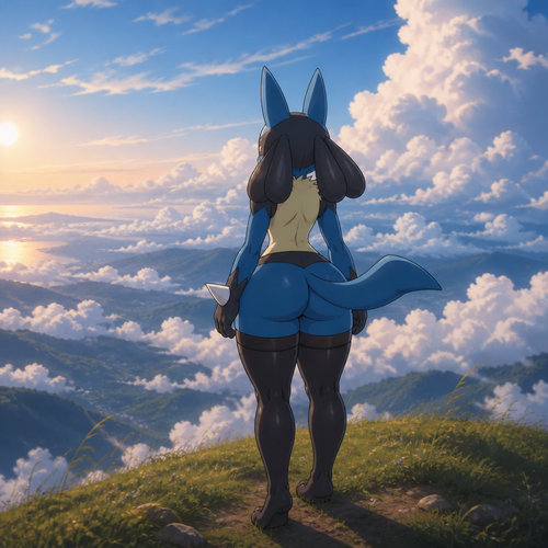 A Lucario with thicc thigh highs just standing at the top of a hill enjoying some alone time and looking at the clouds from above. Animated version. back view.