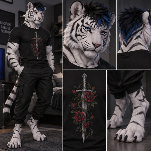 White Tiger male with Digitigrade footpaws, short spiky black hair with blue ends, blue eyes, wearing a black t-shirt that has a dagger on it with roses and vines around the blade