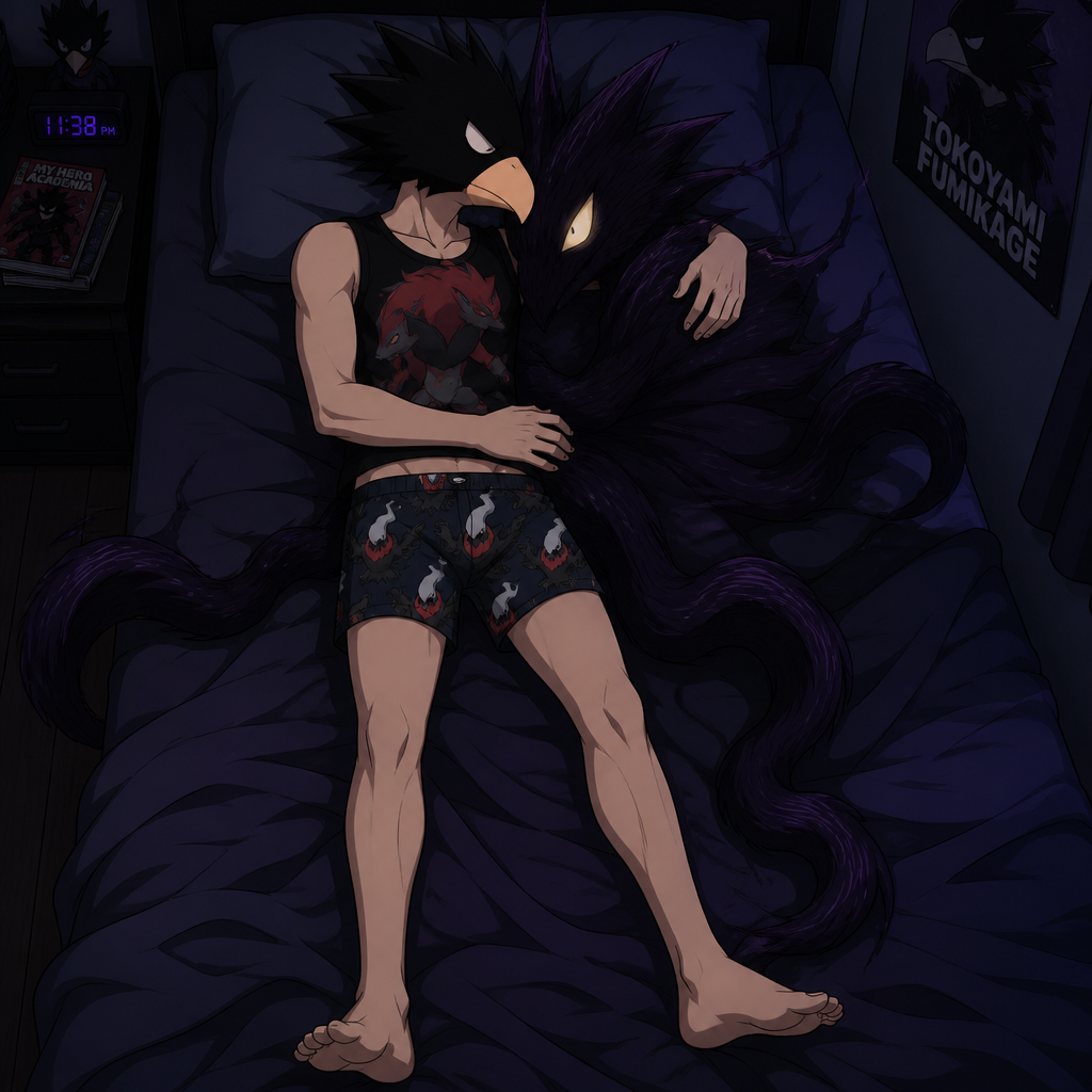 Tokoyami Fumikage wearing Darkrai themed boxers and Zoroark themed sleeveless shirt. He is sleeping on his back in his bed, cuddling with his quirk, Dark Shadow. Anime art style, solo, full body.