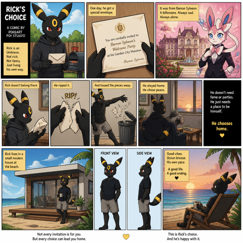 A non-rich grown Umbreon male (named Rick) got the envelope of a billionaire Sylveon (the sad/single Barron) welcoming party at the garden city mansion from a mail. Decided to rip and toss the pieces of the envelope at the trash can and stay at home. Chooses a home. Lives on a small modern house at the beach. Well-made animated version. A good ending. A anthropomorphic verse. Front and Side view. A comic.