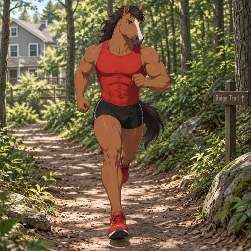 A male mustang wearing tight black short shorts, tight red muscle shirt, and red running shoes. Running along a forest trail located behind his house. Anime art style, solo, full body.