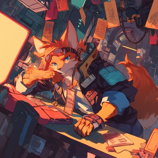 Produce a detailed furry art piece of a cyberpunk street market, focusing on a fox hacker's cybernetic implants, each wire and circuit visible beneath translucent skin patches. --niji 6