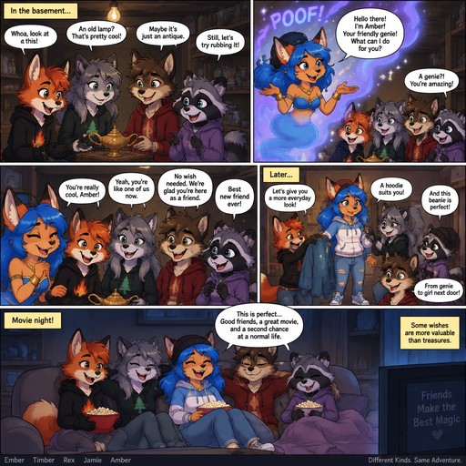 A multi panel comic about a teenage female anthropomorphic fox named Ember a teenage female anthropomorphic wolf named Timber a teenage fox wolf hybrid named Rex and a teenage female raccoon named Jamie. It starts with them in a basement finding a genie lamp and rub it then a female anthropomorphic fox genie comes out, the genie has a blue tail and is named Amber and looks teenage age. After a little while they become friends and Amber splits her tail into two legs and the other girls dress her like a teenager then they hang out together on the couch and watch movie, animated style