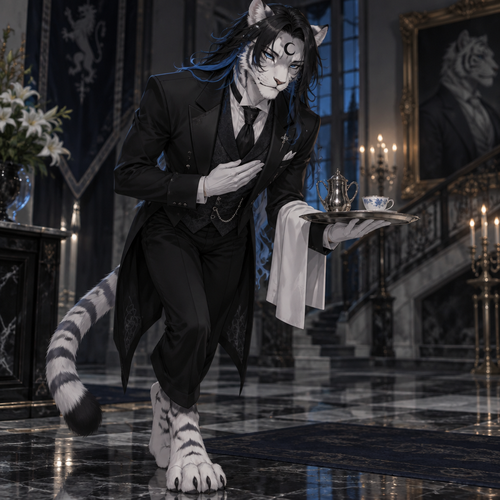 male, anthro, white tiger, long black hair with bright blue tips, black crescent on forehead, blue eyes, digitigrade footpaws, black butler
