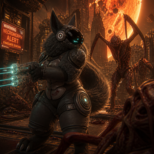 A thick fluffy Protogen in Dead Space universe, carrying a plasma cutter for self defense and fighting for survival in a city in space, close to the planet and near the sun. A well animated version. A sci-fi horror.