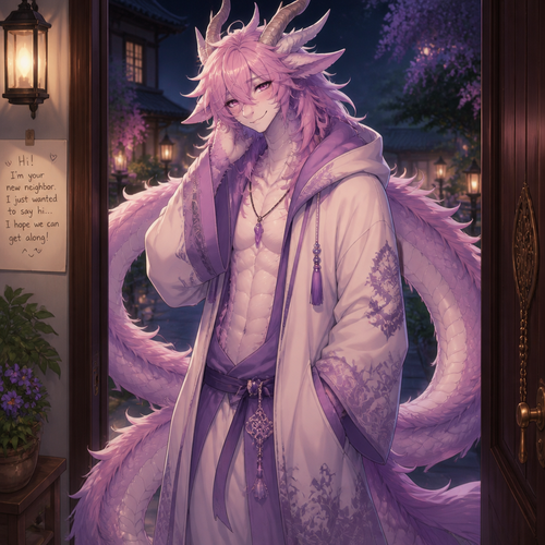 A friendly shy immortal alike femboy grown male character (well-made) lung Dragon with pink & purple fur that wears a robe with a hoodie who came to say hi as a friendly neighbor.
