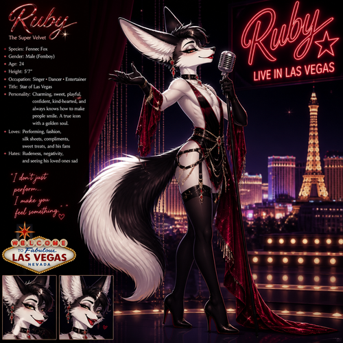 A well-made Black/white furred fennec Fox male named Ruby, wears something attractive for entertainment for a show by self to dance/sing. Wears eyeliner and lipstick. Has a bushy tail. A grown femboy anthro. A star in Las Vegas. Well groomed. Side view. Animated verse. Has good personality. Being a super velvet.