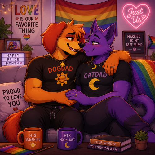 A anthropomorphic smiling critters verse. Both anthro DogDay and Catnap are both boyfriends living together and married. Sits together on a sofa. Today’s pride month. Both grownups. Animated art version. Looking at each other in wholesome. Yaoi.