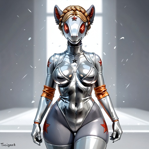 A busty female adult Protogen with thick thighs, wide hips, and fluffy neck in the Atomic Heart universe that can’t resist the level of rock and role. *well-made art & view* *in Atomic Heart the video game* *a sexy tomboy character also badass* *plays a electric guitar at the metal band on stage*