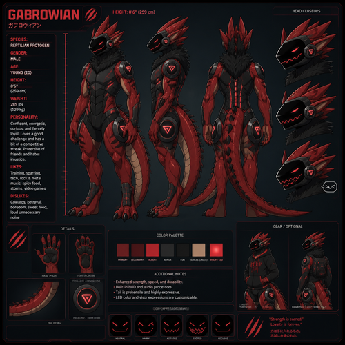 A young red male reptilian protogen. Reference sheet, height of 8 foot 6 inches. Anime art style, the name is Gabrowian.