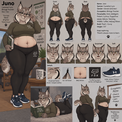 A pretty plump female anthropomorphic Canadian Lynx named Juno, has cheek ruffs and ear tufts like a normal lynx, her cheek ruffs are very full and have a black outline in the shape of a 7, big belly button, is wearing a olive green long sleeve crop top and black leggings with a tight waistband thats makes her gut go over the waistband a little, both her crop top and leggings are fox racing brand, wears navy blue and white under armor trainers, wears glasses, her glasses are black aviator frames, is a biology teacher, is in a room alone, animated version, reference sheet, one big picture 