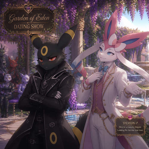 In a dating live show at the garden of Eden (a well-made animated version) a grown non-rich anthro Umbreon male that wears a gothic jacket that is unhappy and doesn’t want to be there and wanted to lose and Don’t like this super rich grown anthro Sylveon male that wears some elegant clothes who likes him. In a well-made anthropomorphic Pokemon universe.