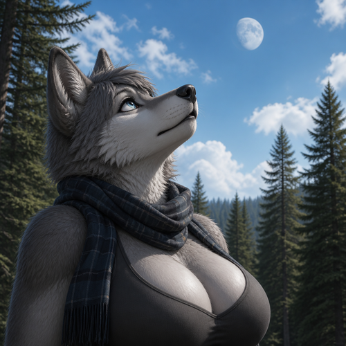 A busty (well-made anthro female character) fuzzy Grey Wolf that wears a scarf who’s been looking up above and see a moon at day in the forest alone.