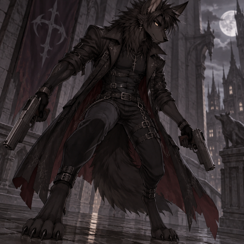 male, black fur, maned wolf, golden eyes, digitigrade footpaws, toned body,goth, anime style, pistol in each hand
