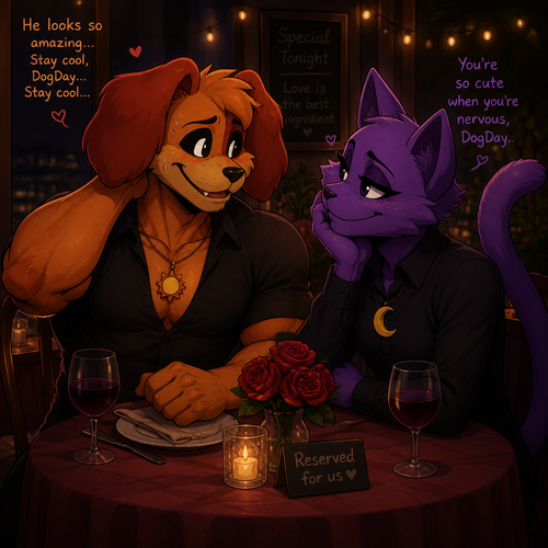 DogDay, a well-made grown anthro smiling critter (a leader of the smiling critters) with buff body and nervous about on a romantic date with his boyfriend, Catnap (the smiling critter and has eyeliner). 