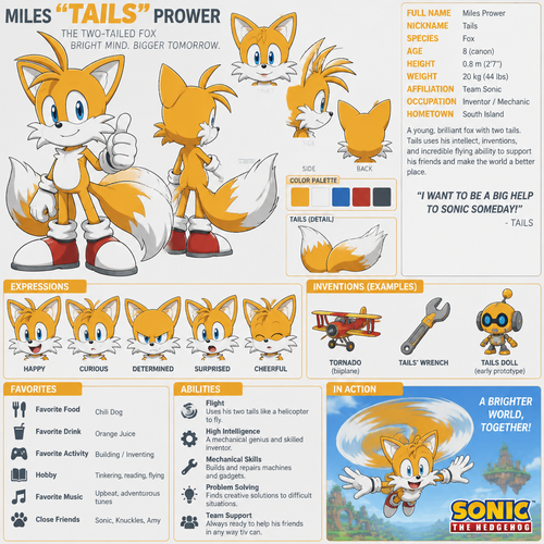 Miles “Tails” Prowler from the Sonic the Hedgehog franchise, reference sheet, tells his favorite food drink activity etc, 