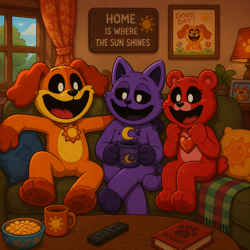 Dogday, Catnap, and Bobby Bearhug hanging out together on the couch in Dogday’s house animated 