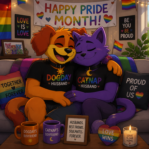 A anthropomorphic smiling critters verse. DogDay and Catnap are both boyfriends living together and married. Sits together on a sofa. Today’s pride month.