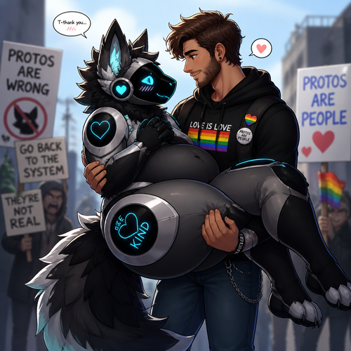 A shy (well-made original character) thick grown Protogen who’s been carried by a friendly/loving Human male as a liberal and a Protogen lover who is saving from the haters. Well-made animated version. Side view. Looking at each other.