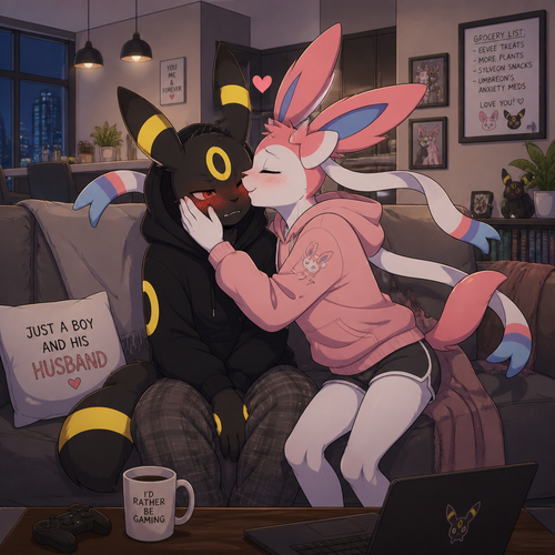 In an anthropomorphic universe, a shy male Umbreon getting smooched by a gay male Sylveon that has thin thighs, living together in a modern apartment. Gay marriage. Animated verse.