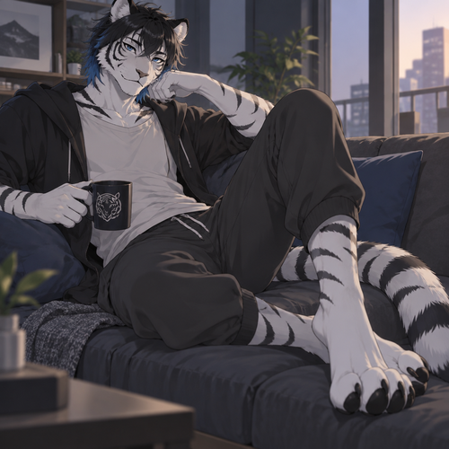 anthro male white tiger, anime style, short black hair down to the neck with blue tips, digitigrade footpaws with four toes, slim, relaxing