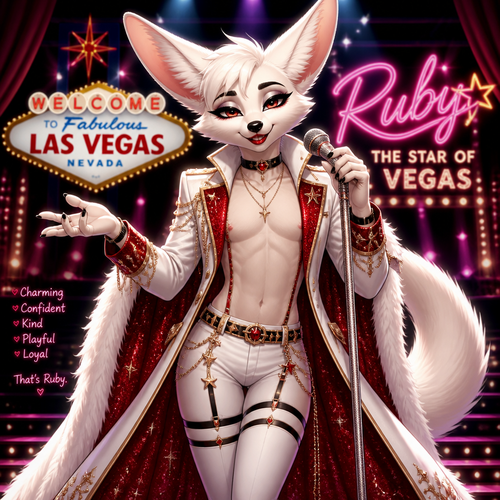 A well-made white furred fennec Fox male named Ruby, wears something attractive for entertainment for a show by self to dance/sing. Wears eyeliner and lipstick. Has a bushy tail. A grown femboy anthro. A star in Las Vegas. Well groomed. Front view. Animated verse. Has good personality.