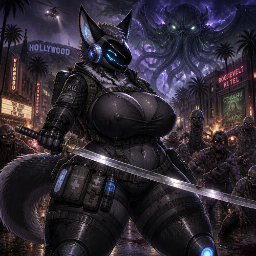 A busty well-made adult anthro waterproofed Protogen that has thick thighs and survival gear on and holding a saber sword facing a mixed up dark spicy lovecraft zombie apocalypse, in Hollywood alone. Anime verse.