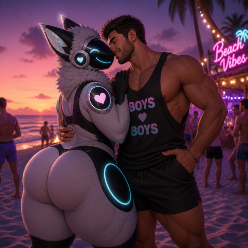 A well-made happy fluffy gay Protogen (male character) with thick thighs and a huge butt also has no tail while being with a gay man holding together in closeness at the party of a beach at dusk. Hand on hips.