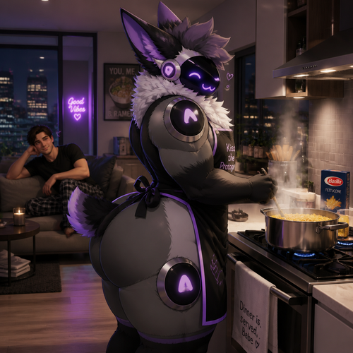 A well-made homosexual fluffy gay Protogen male character who lives in a modern apartment with his human and waiting while cooking some pasta dinner. Has thick thighs, wide hips, big butt, and has short tail also wears an apron.