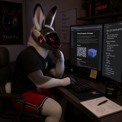 A male rabbit protogen wearing red shorts and a black shirt. He is on a computer researching for a project.