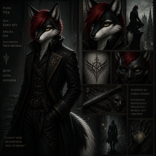 Black and White Fox, Red Emo Hair, one blue eye and one golden eye, gothic attire, corvo attano inspired, early 30's, quiet, loyal, outsider