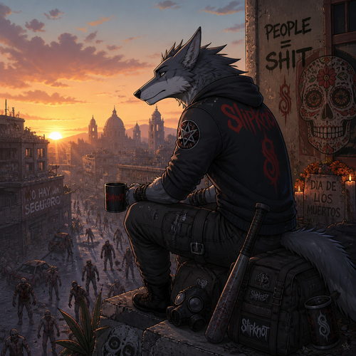 A grown male grey Wolf/Sergal who is surviving the zombie apocalypse in the Day of the Dead universe at dawn. Animated version. A fan of Slipkot band.