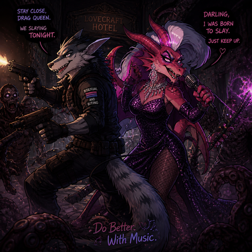 In the animated version of this universe, two adult male characters fight for their lives together against the undead inside the Lovecraft hotel. A bisexual Sergal and the drag queen the Dragon. Do better with music.