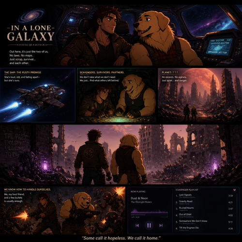 In a lone galaxy, a well-made animated version. In a spaceship, a human pilot/scavenger, and his best friend a thick homosexual anthro gay golden retriever with floppy ears. Both finding themselves on a scavenging hunt and knows how to defend themselves from any threats even some robots. In an abandoned planet at the unknown in a city of ruins. And do better with music.