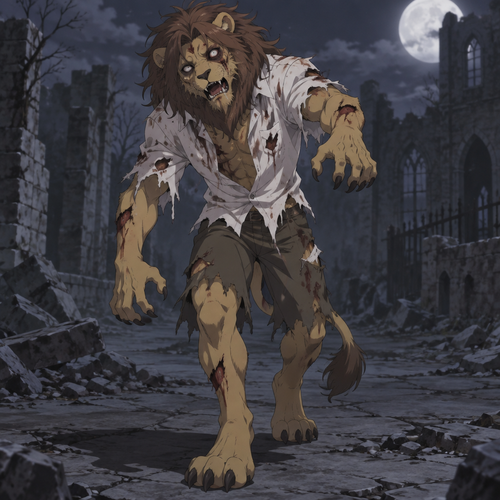 A anthropomorphic male Lion wearing a torn and ragged shorts, disheveled white button up shirt. He is wearing Zombie makeup and acting like a Zombie. Anime art style, solo, full body.